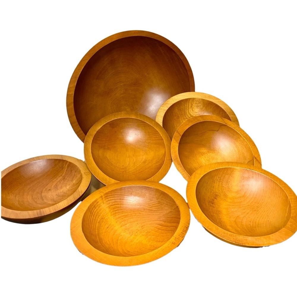 Vintage 70s Baribocraft Oval Wood Salad Serving Bowl Set 7 Handcrafted Maple